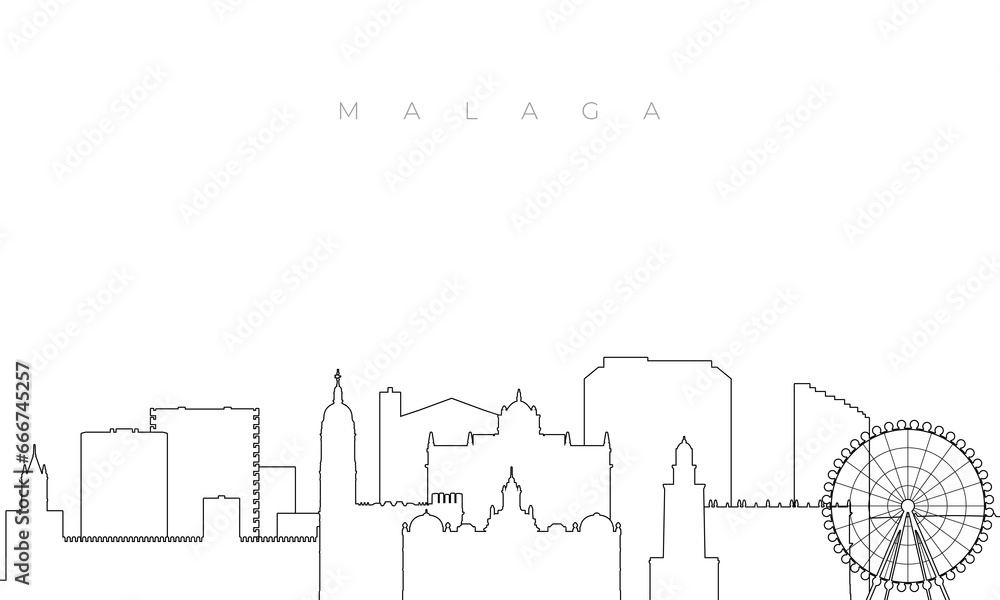 Obraz premium Outline Malaga skyline. Trendy template with Malaga buildings and landmarks in line style. Stock vector design.