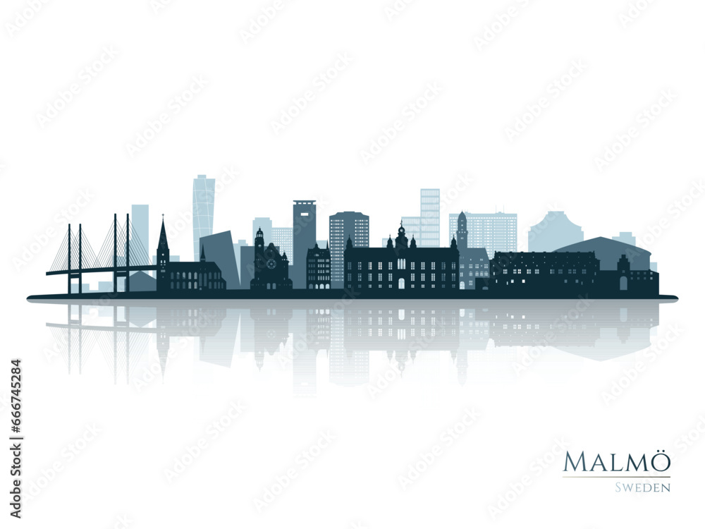 Malmo skyline silhouette with reflection. Landscape Malmo, Sweden. Vector illustration.