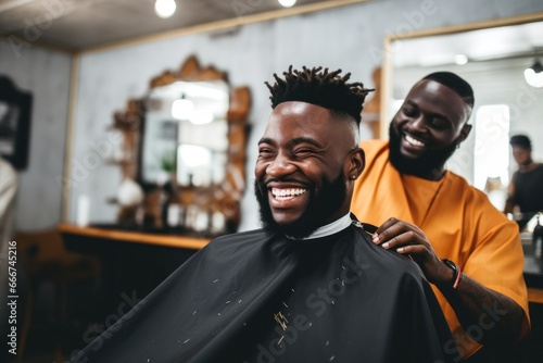 Black man sitting at a barbershop getting haircut smiling photo