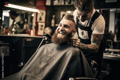 Caucasian man sitting at a barbershop getting haircut smiling