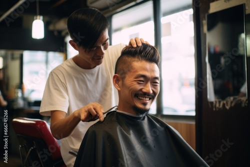 Asian man sitting at a barbershop getting haircut smiling