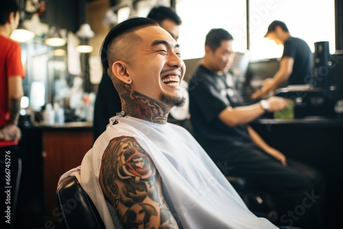 Asian man sitting at a barbershop getting haircut smiling