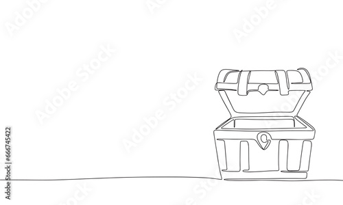 Open empty treasure chest one line continuous. Line art chest. Vector illustration. 