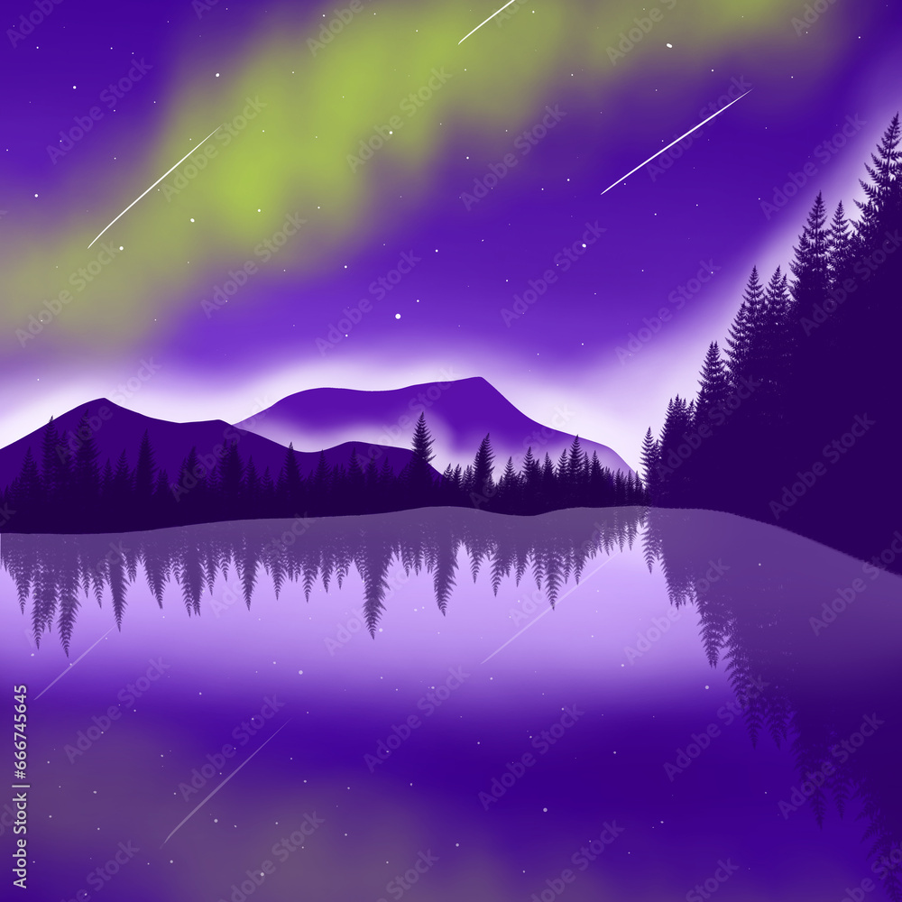 Mountains Pine Forest Landscape View with Aurora Borealis on Starry Night Sky Graphic Wallpaper Background	