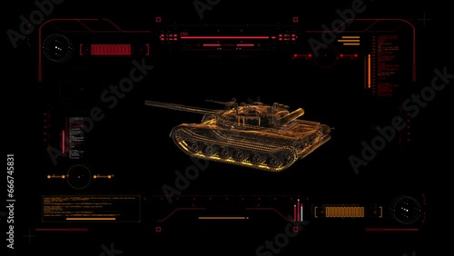 Digital Blueprint Scan of Russian Army Main Battle (MBT) T80 Tank. Futuristic User Interface HUD . Military Reconnaissance 360 View. photo
