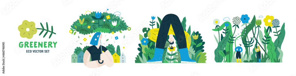 Greenery, ecology -modern flat vector concept illustration of people and plants. Metaphor of environmental sustainability and protection, closeness to nature, green life, ecosystem and biosphere - obrazy, fototapety, plakaty 