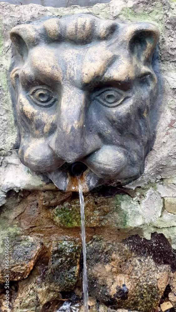 Lion head medieval fountain. Water flows from ancient mouth of lion ...