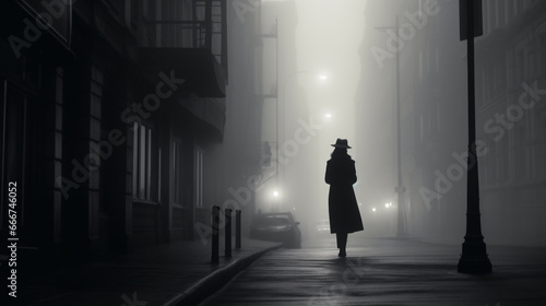 A solitary individual strolling through a misty urban area  inspiring emotions of obscurity and aloneness  captured in a sullen monochrome picture.