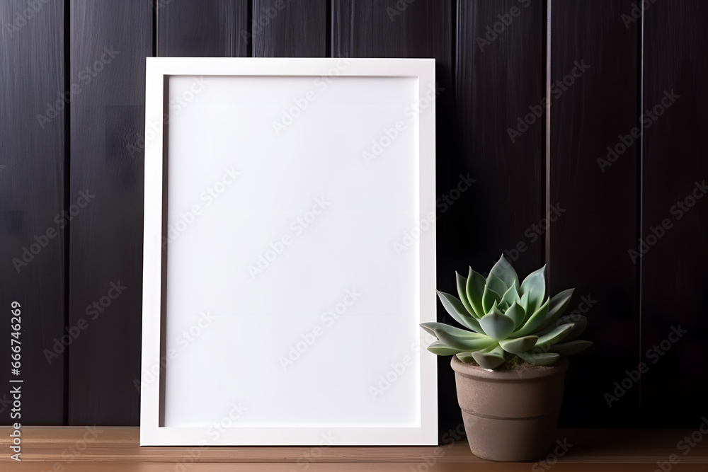 Blank white frame with plant pot isolated mock up on black background Blank white frame with plant pot isolated mock up on black background
