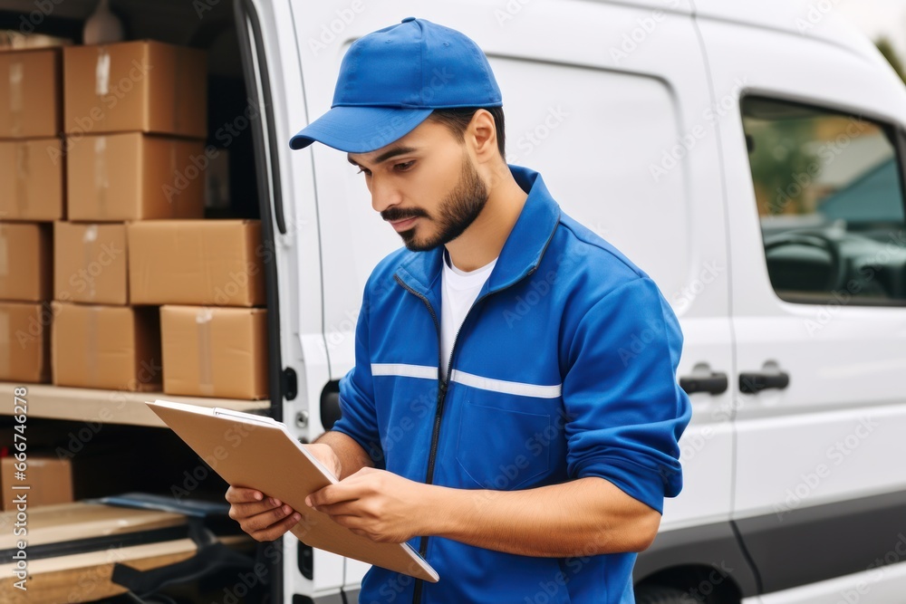 A cheerful delivery young man in a blue uniform holding a delivery list, checking a list on a clipboard. A cheerful delivery young man in a blue uniform holding a delivery list, checking a list on a clipboard.