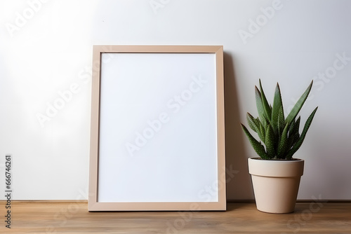 Blank white frame with plant pot isolated mock up on white background
