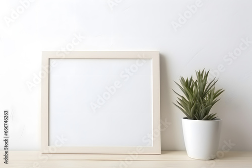 Blank white frame with plant pot isolated mock up on white background © Oksana