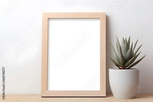 Blank white frame with plant pot isolated mock up on white background