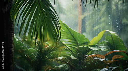 During monsoon season  rain falls in the tropics  blessing the garden with droplets and its lush palm trees.
