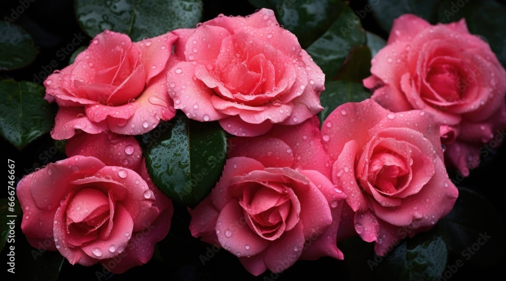 A bunch of pink roses with water droplets on them