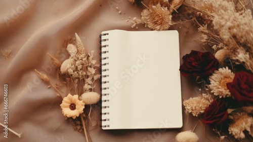 A notepad with a blank page surrounded by dried flowers © Maria Starus