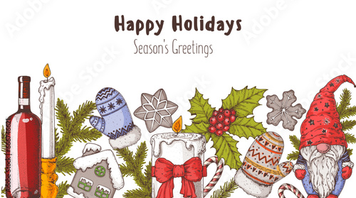 Christmas greeting card. Hand drawn vector illustration. Christmas invitation design template.