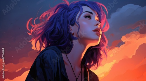 A woman with purple hair is looking up at the sky