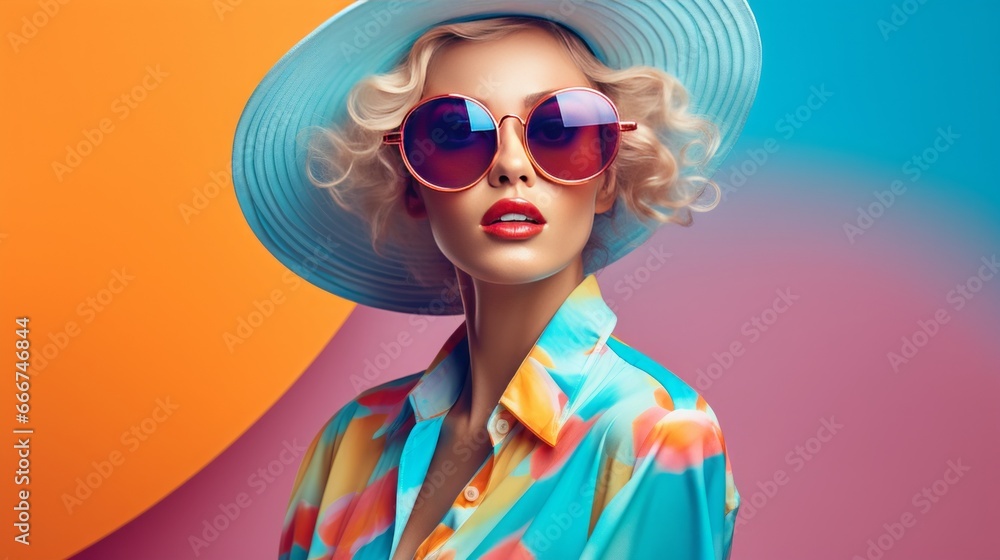 Attractive female model with fashion in summer colors, copy space, 16:9 Attractive female model with fashion in summer colors, copy space, 16:9
