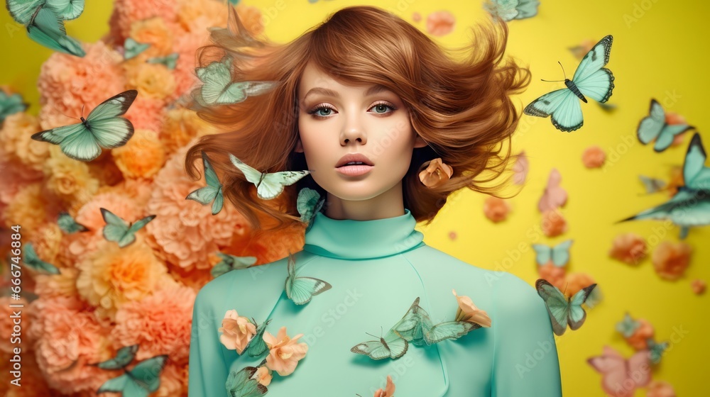 Attractive female model with fashion in spring colors, copy space, 16:9 Attractive female model with fashion in spring colors, copy space, 16:9