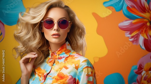 Attractive female model with fashion in summer colors, copy space, 16:9