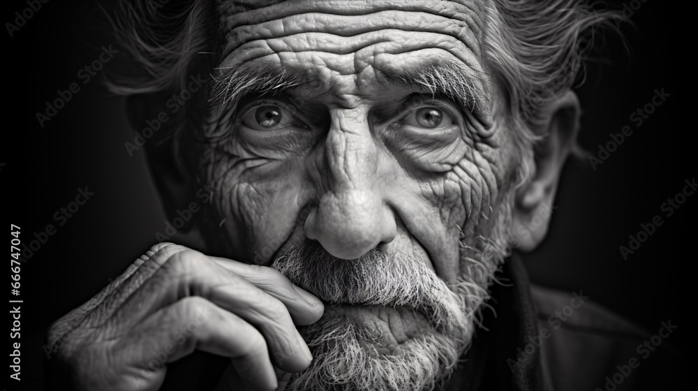 An evocative monochrome visage conveying emotions and showcasing the wisdom of seniority for editorial or promotional uses. An evocative monochrome visage conveying emotions and showcasing the wisdom of seniority for editorial or promotional uses.