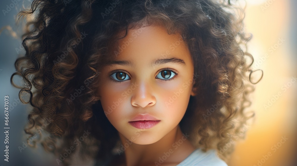 Close up portrait of adorable little mixed race kid girl face, copy space, 16:9