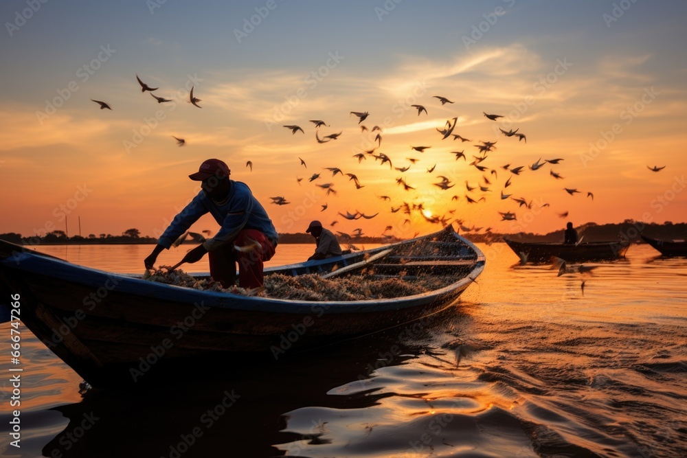 A man in a boat with birds flying around.
