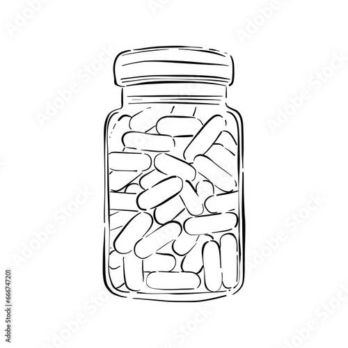 Vector sketch pills, tablet, capsule and package bottle isolated on white background. Hand drawn medical illustration. For print, web, design, decor, logo.