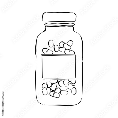 Pill bottle vector illustration. A capsule pills in glass or plastic bottle. Doodle sketch illustration