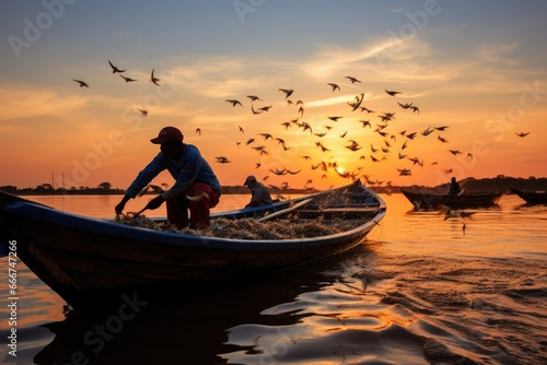 A man in a boat with birds flying around.