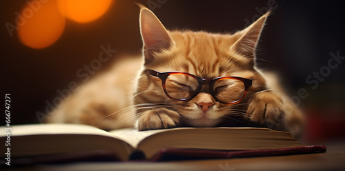 Cute cat with glasses sleeping on top of open book photo