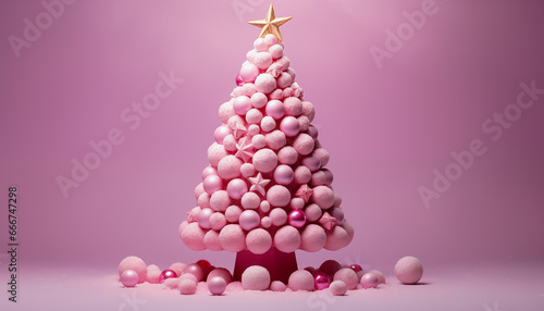 Pastel pink coloured marshmallows Christmas tree in front of pink background with copy space.