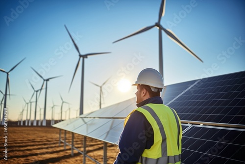 Environmental engineer at a wind and solar farm wearing reflective clothing and a helmet