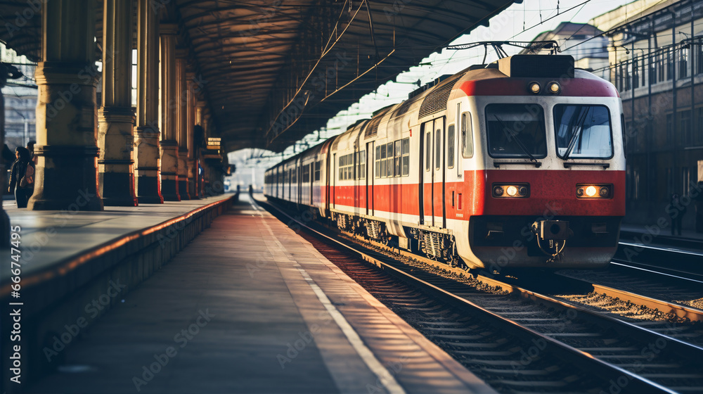 Naklejka premium In the background of the city, the busy railway line showcases the enduring charm of vintage railroads..