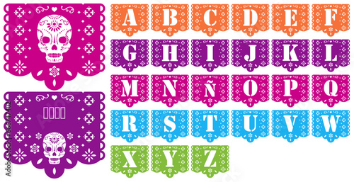 Papel picado con las letras del abecedario y con una calavera, en diferentes colores y donde puedes poner tu propio texto