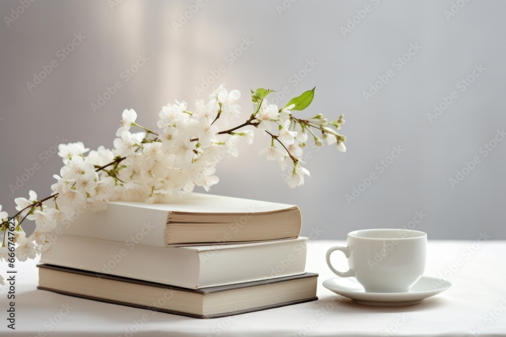 A stack of books sitting on top of a table next to a cup of coffee. A stack of books sitting on top of a table next to a cup of coffee.