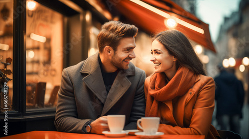 Happy young romantic couple in street cafe with coffee and enjoying socializing