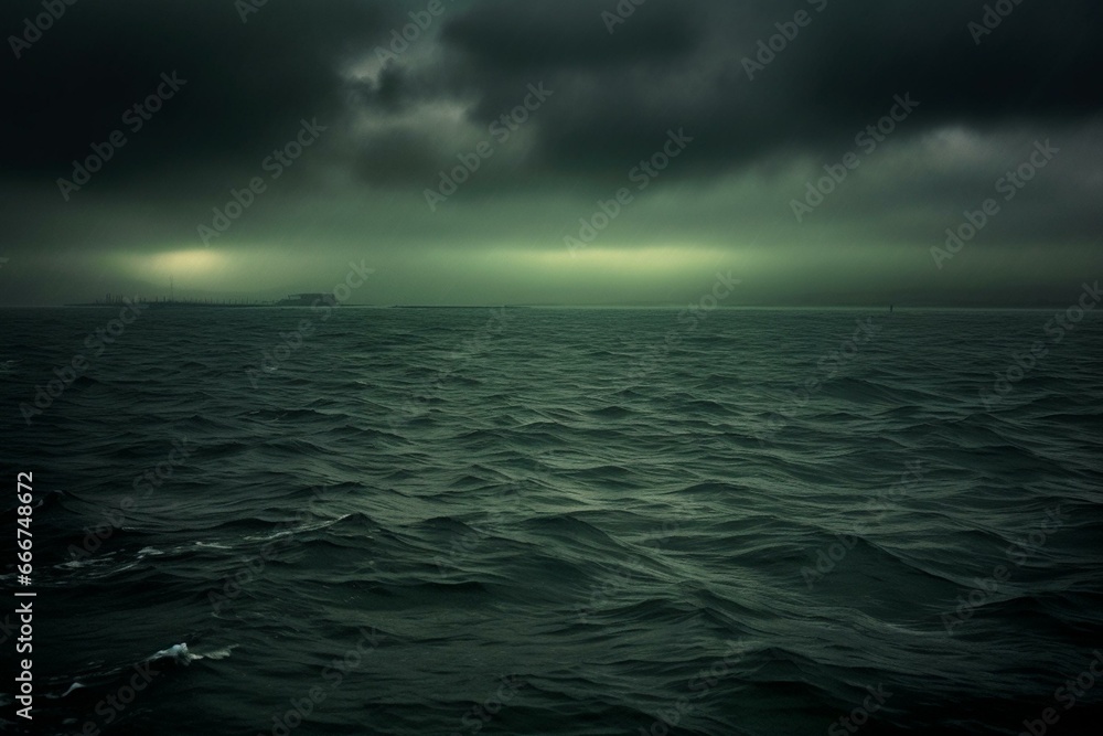 Eerie, blackened sky over a haunting, murky sea. Depressing, mysterious and dark atmosphere with a blurred texture. Generative AI