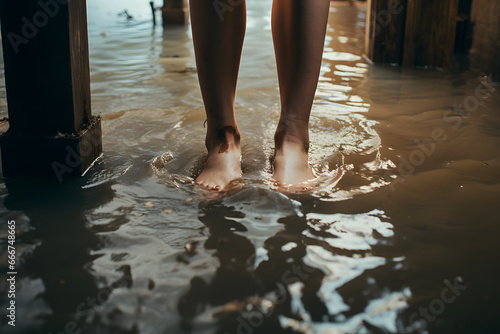 Close View of Feet in Floodwater, Crisis Visualized