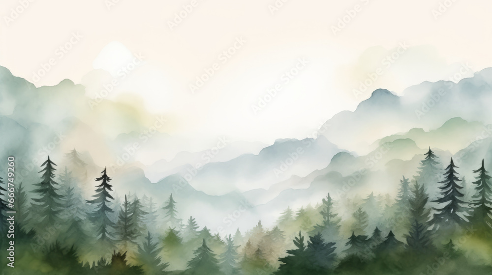 A serene landscape painting featuring a majestic forest and distant mountains