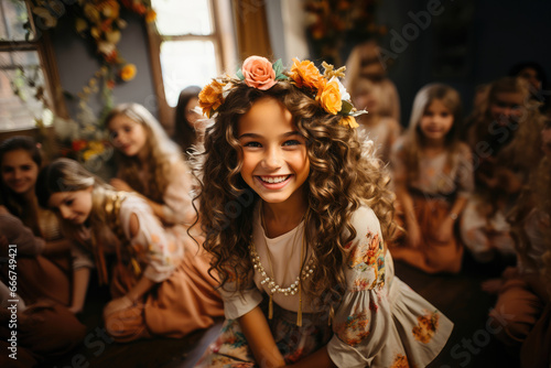 A joyful young girl with curly hair, wearing a floral crown, smiles radiantly amidst a festive gathering.
