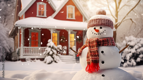 Festive snowman in a classic yard, card for winter and Christmas holidays. Beautiful house and joyful atmosphere in a seasonal scene