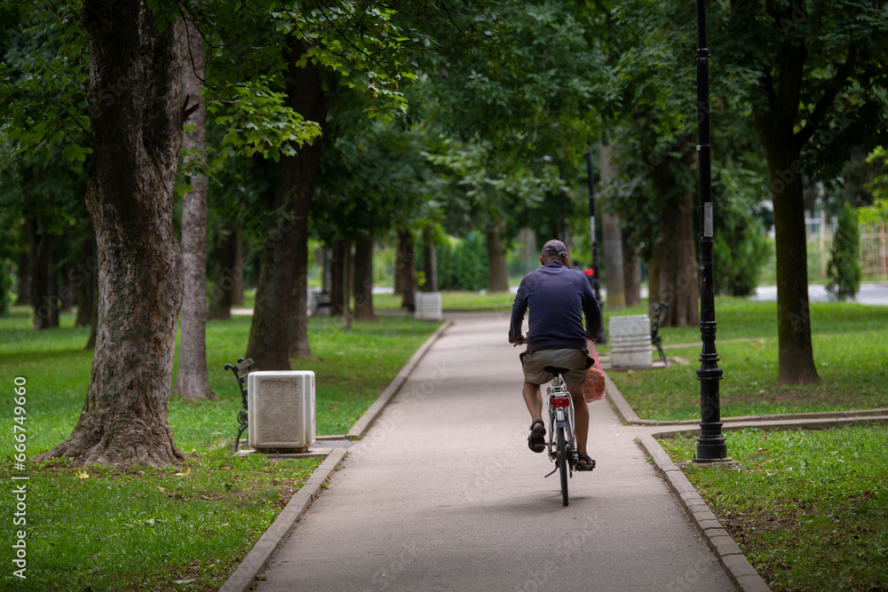 Fototapeta premium a person riding a bike in a park