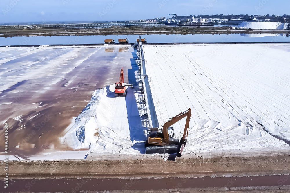 Aerial drone view of Salt production in the evaporators of sea salt in