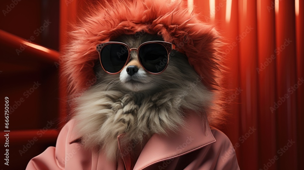 A dog wearing sunglasses and a furry hat.
