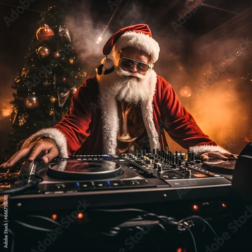 Funny Santa Claus DJ is playing music on a turntable in a nightclub. Christmas and New Year concept. 
