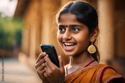 Portrait of a happy surprised young student girl with a smartphone in her hand. Human emotions, reaction, expression
