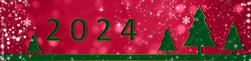 Merry Christmas and Happy New Year 2024 background. Green Christmas tree on the red background. Merry Christmas and Happy New Year 2024 background. Green Christmas tree on the red background.