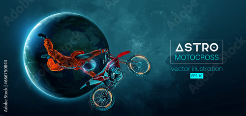 Abstract silhouette of a motocross rider, astronaut is doing a trick, in space action and Earth, Mars, planets on the background of the space. Enduro motorbike sport transport. Vector illustration